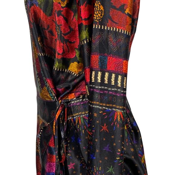 Farm Rio Black Multicolor Mixed Arabesque Scarves Long Sleeve Mini Wrap Dress M - Picture 7 of 10